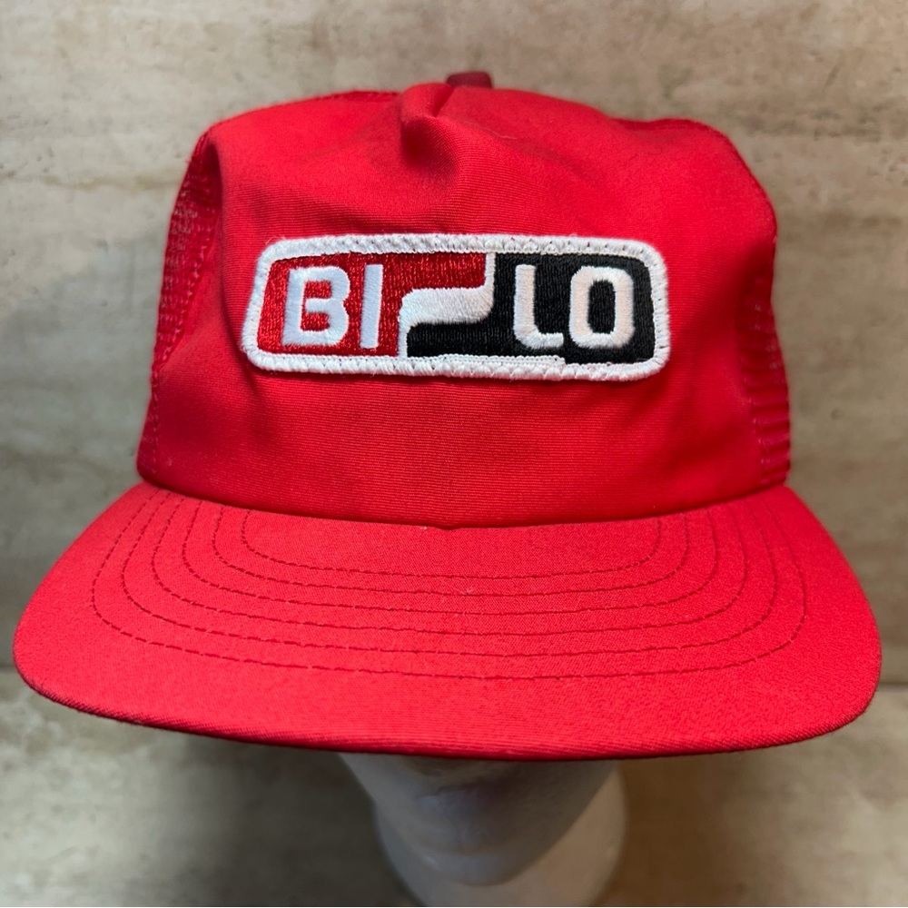 Vintage Red Patch Trucker Hat Bi Lo Grocery SnapBack Cap USA Made 90's Mesh